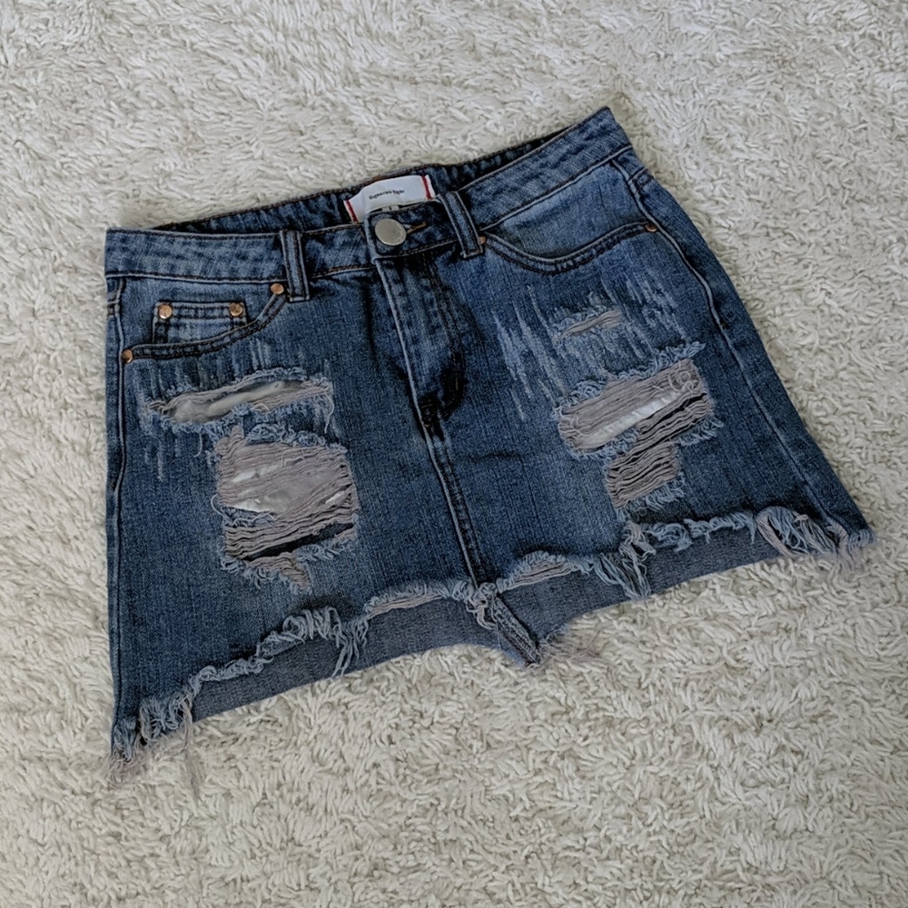 Signature Eight Distressed Denim Mini Skirt